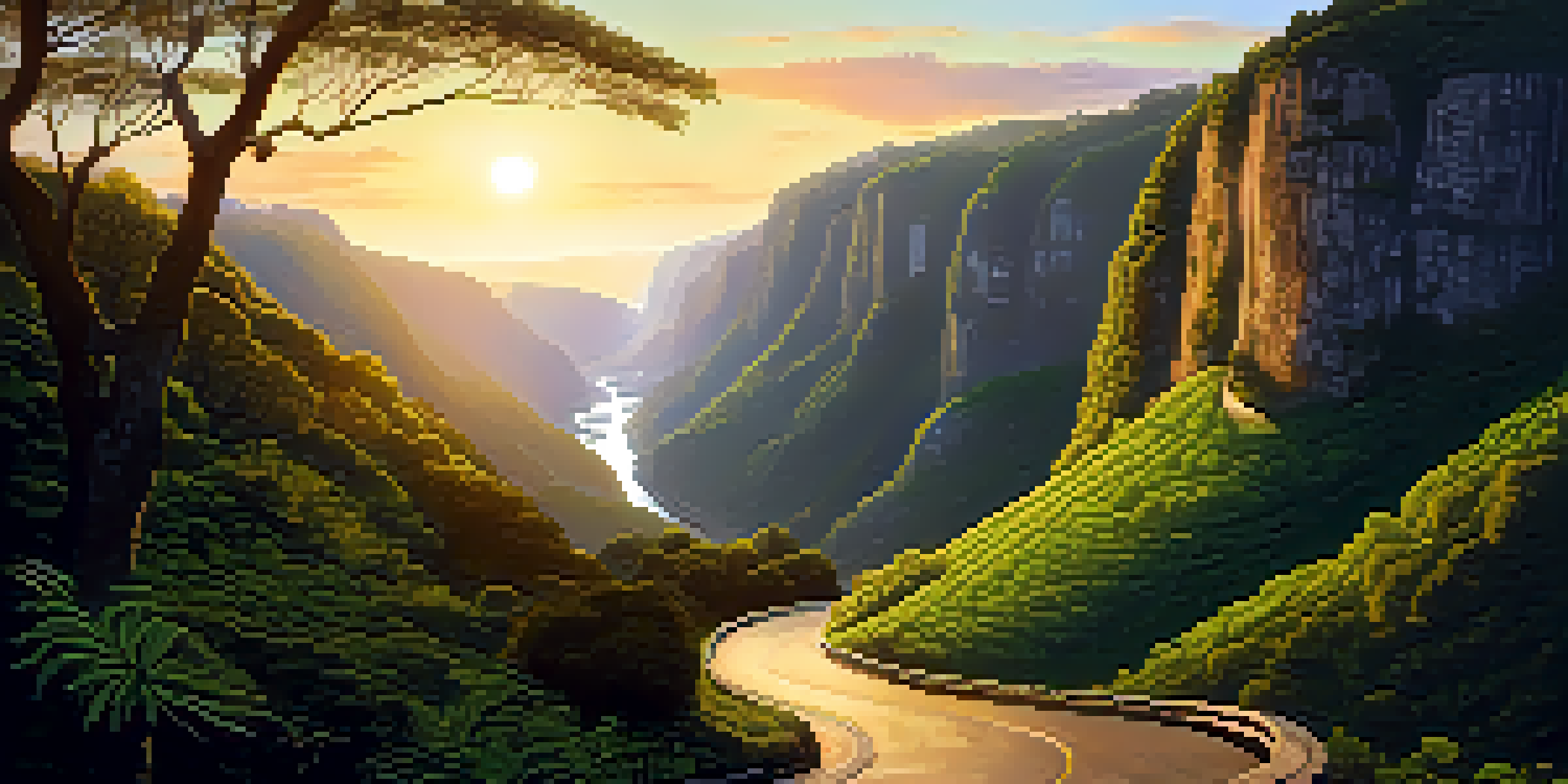 A winding road through lush forests and dramatic cliffs at sunset, with distant mountains and a waterfall.