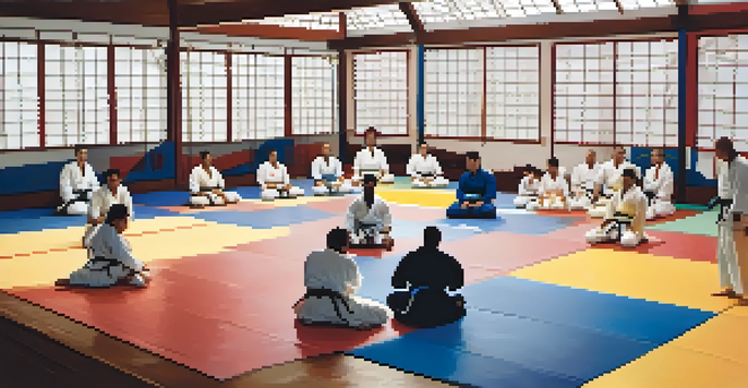 A diverse group of Jiu-Jitsu practitioners training in a colorful dojo filled with Brazilian artwork, highlighting their movements in warm natural light.
