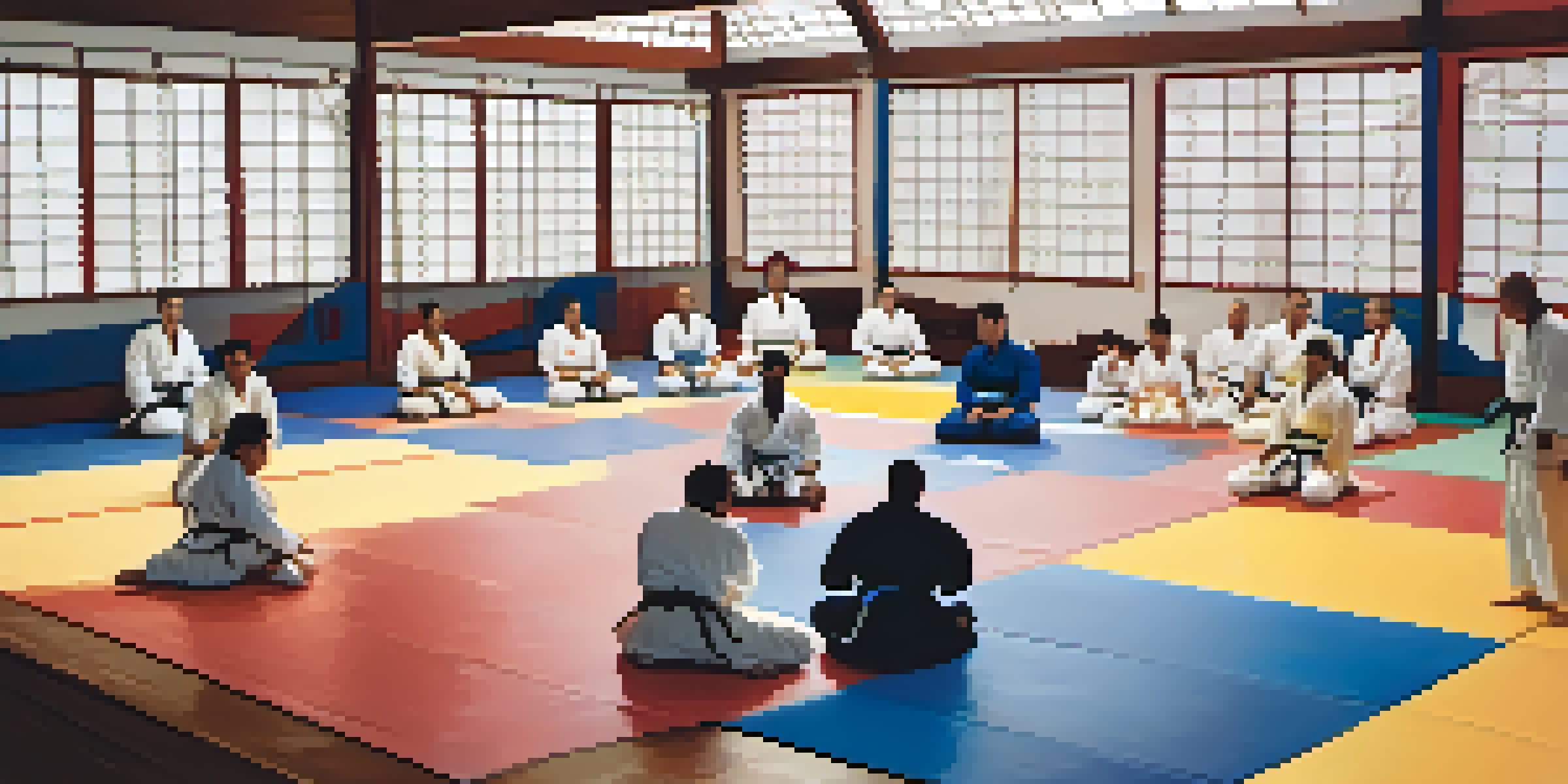 A diverse group of Jiu-Jitsu practitioners training in a colorful dojo filled with Brazilian artwork, highlighting their movements in warm natural light.
