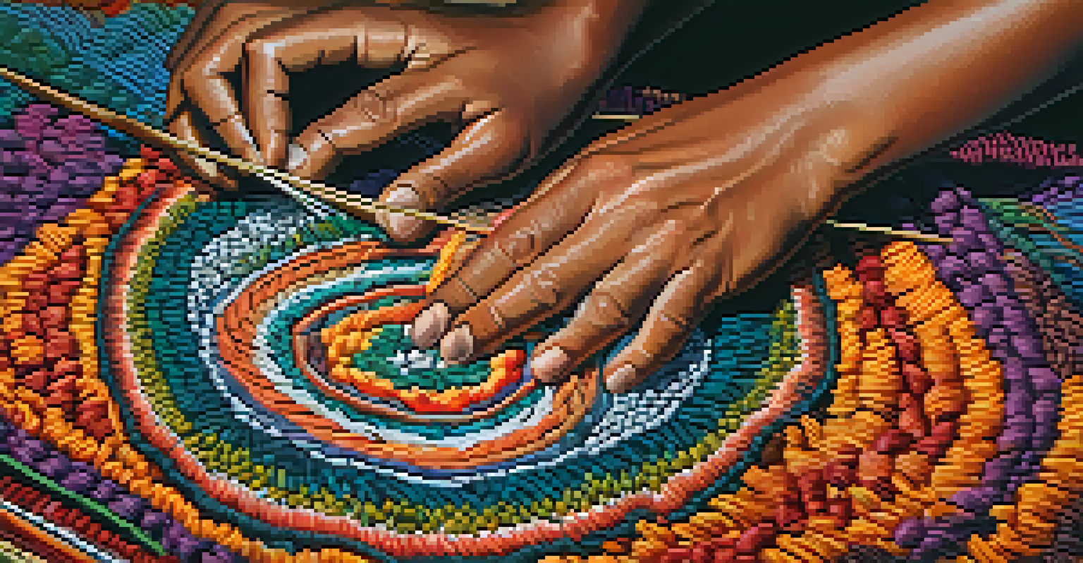 Close-up of an artisan's hands weaving a colorful tapestry, showcasing intricate patterns and vibrant colors.