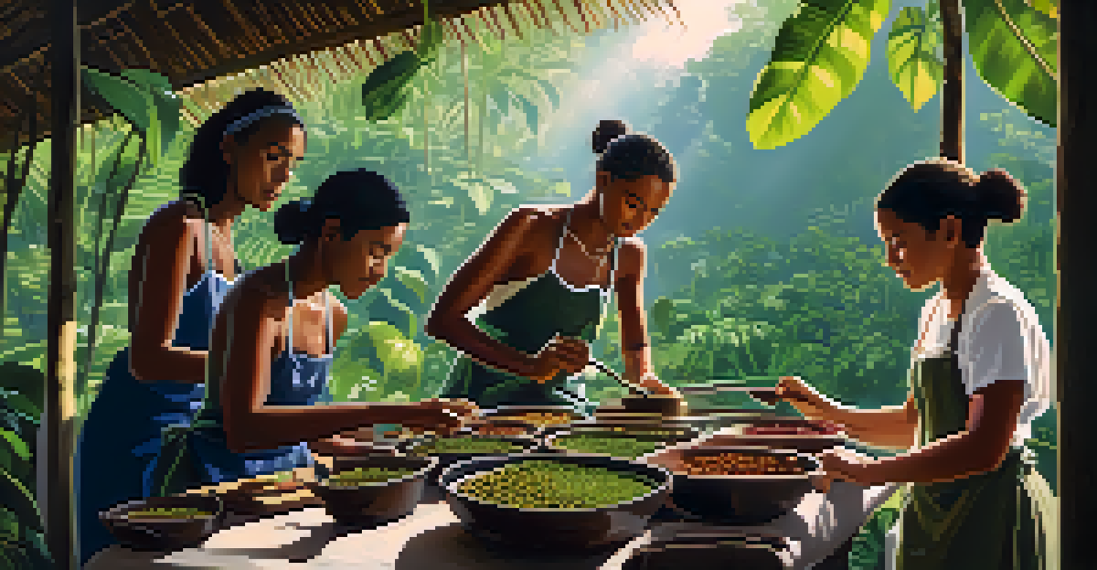 A cooking class in the Amazon Rainforest with participants learning to cook using exotic ingredients surrounded by lush greenery.