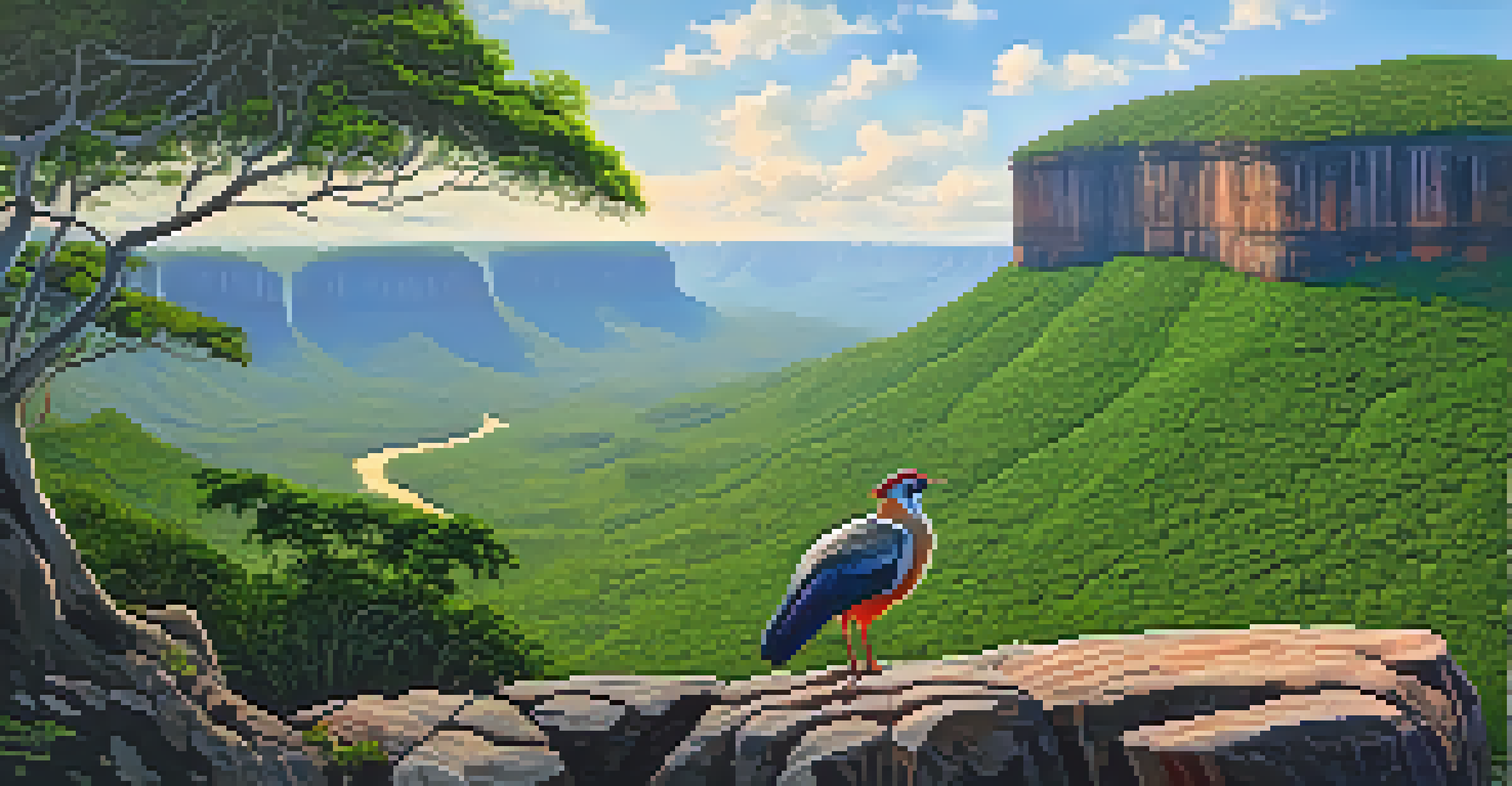 A scenic view of Chapada dos Veadeiros with canyons, greenery, and a red-legged seriema near a waterfall.