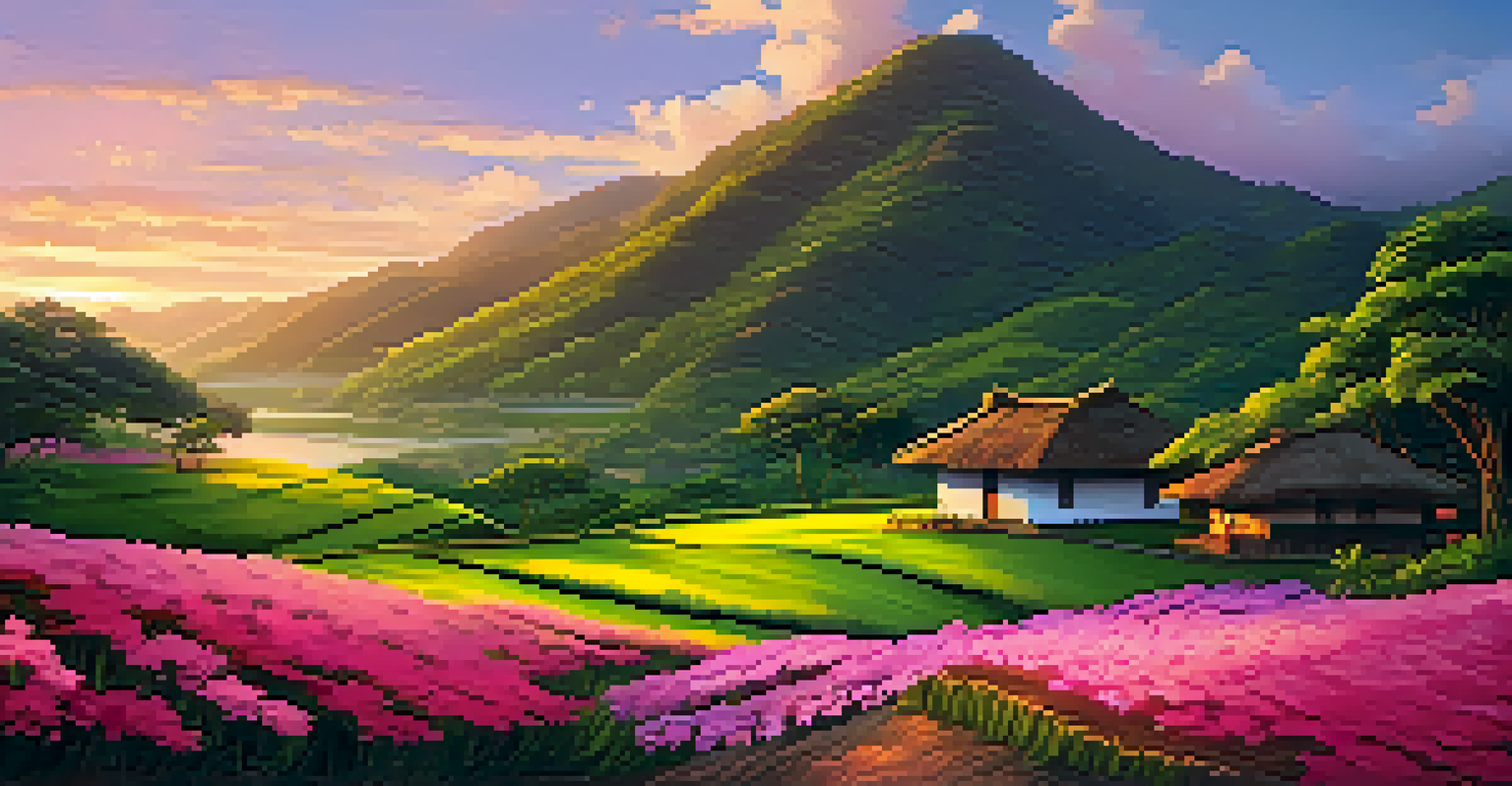 A tranquil Brazilian countryside scene at sunset with lush hills, a winding river, and a traditional house.