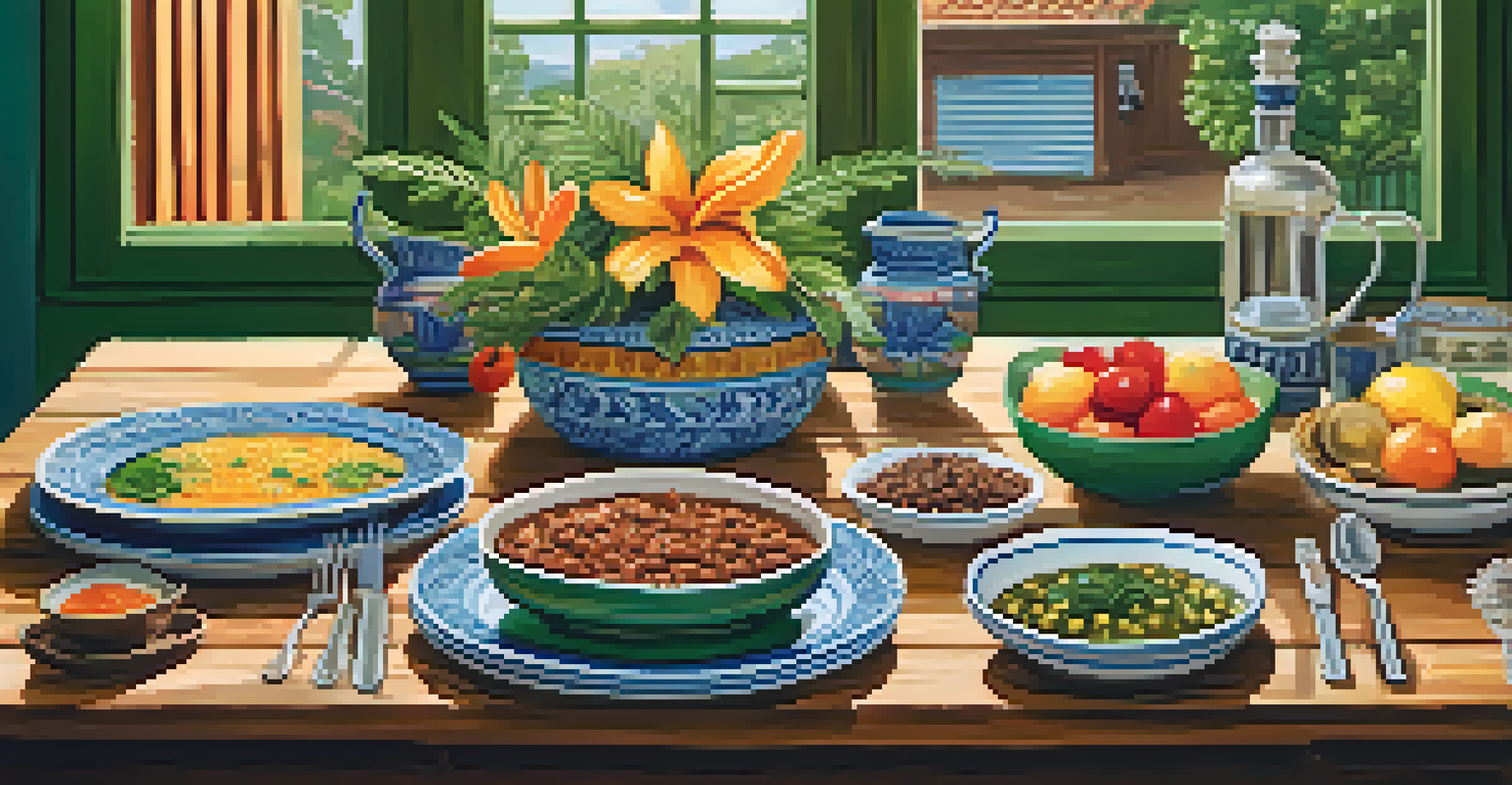 A traditional Brazilian meal setting with feijoada and acarajé on a rustic wooden table.