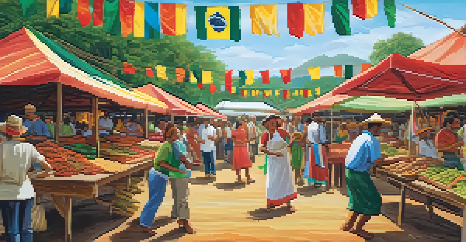 A vibrant Brazilian farming festival with local produce, crafts, and people dancing.