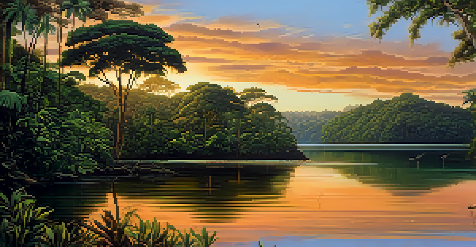 A picturesque Amazon rainforest at sunset with lush greenery and a reflecting river.