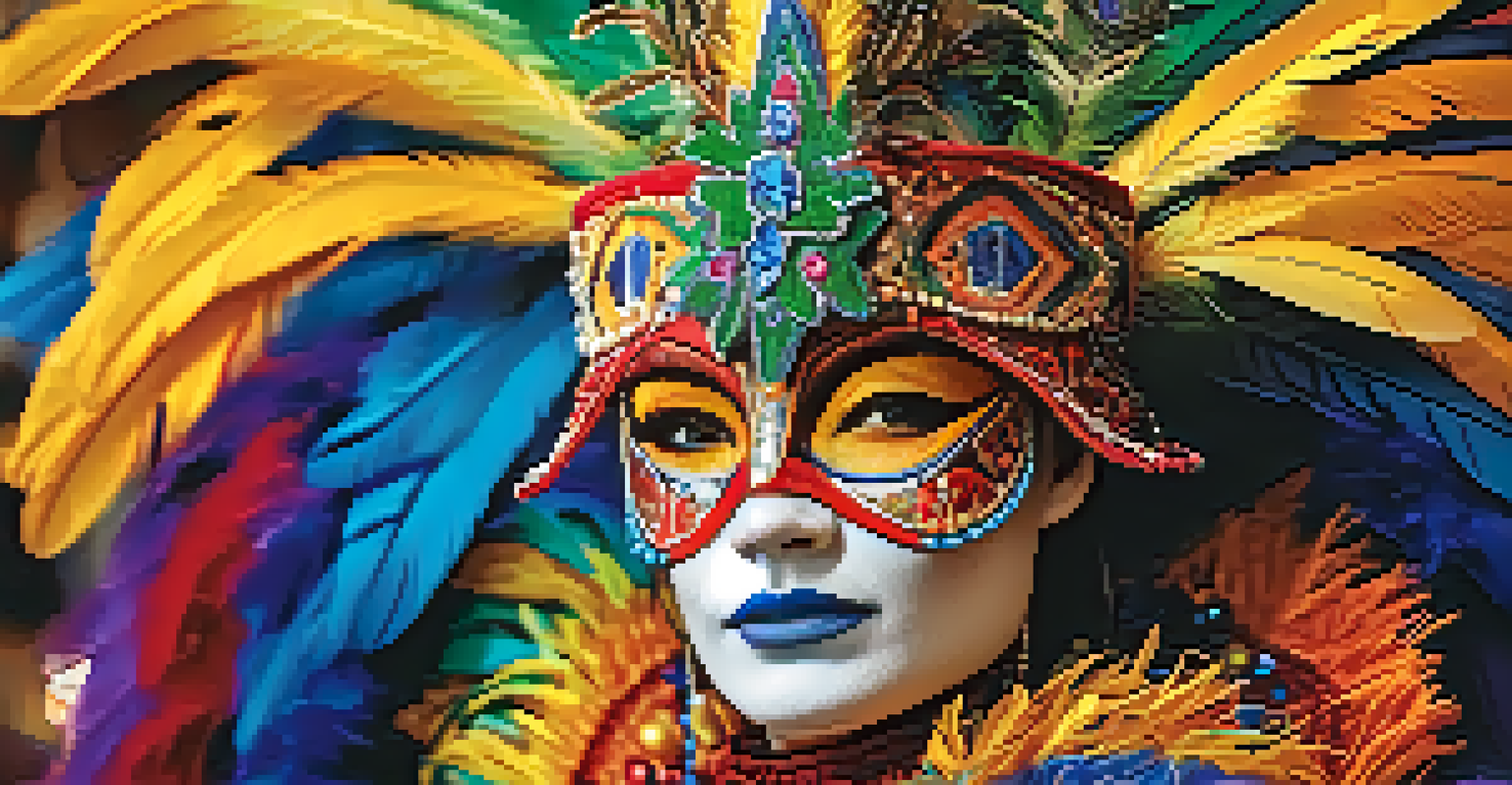 Close-up of a colorful handmade samba costume with sequins and feathers, against a blurred background of a Carnival celebration.