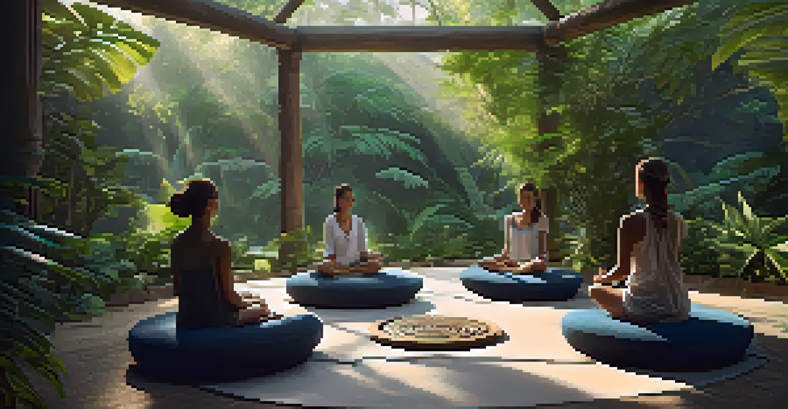 A meditation area in a jungle with mats and cushions, sunlight filtering through the leaves, and participants meditating peacefully.