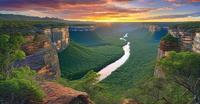 A panoramic view of Chapada Diamantina with sandstone cliffs, river valleys, and a sunset sky, featuring a winding trail and blooming wildflowers.