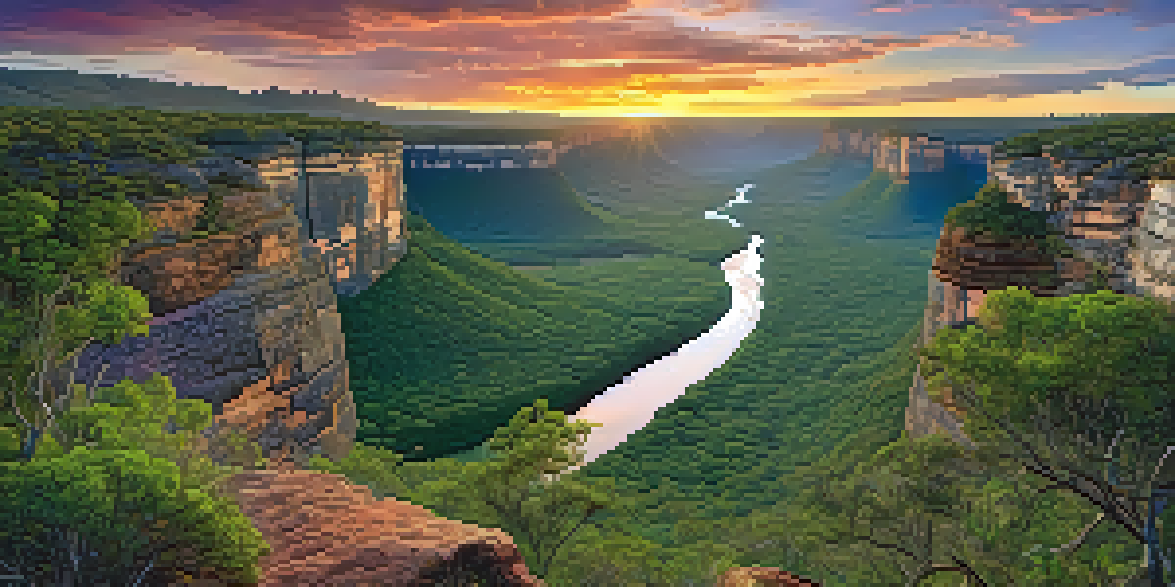 A panoramic view of Chapada Diamantina with sandstone cliffs, river valleys, and a sunset sky, featuring a winding trail and blooming wildflowers.