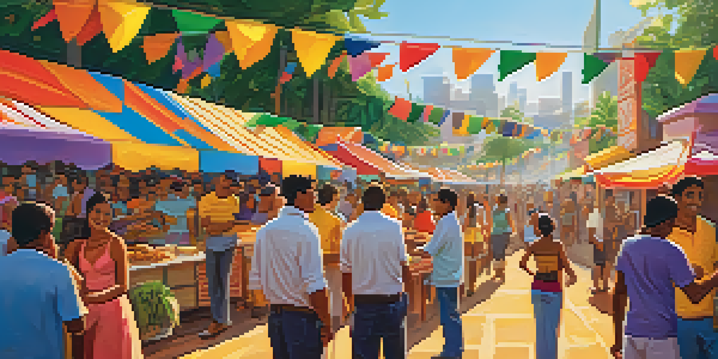 A lively Brazilian festival with people enjoying traditional street food at colorful stalls under warm sunlight.