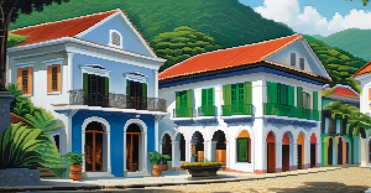 A picturesque colonial boutique hotel in Paraty with colorful buildings and cobblestone streets, surrounded by lush hills.