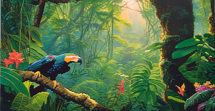 A biologist in the Amazon rainforest watching a colorful endangered bird, with lush greenery and flowers around, illuminated by soft sunlight.