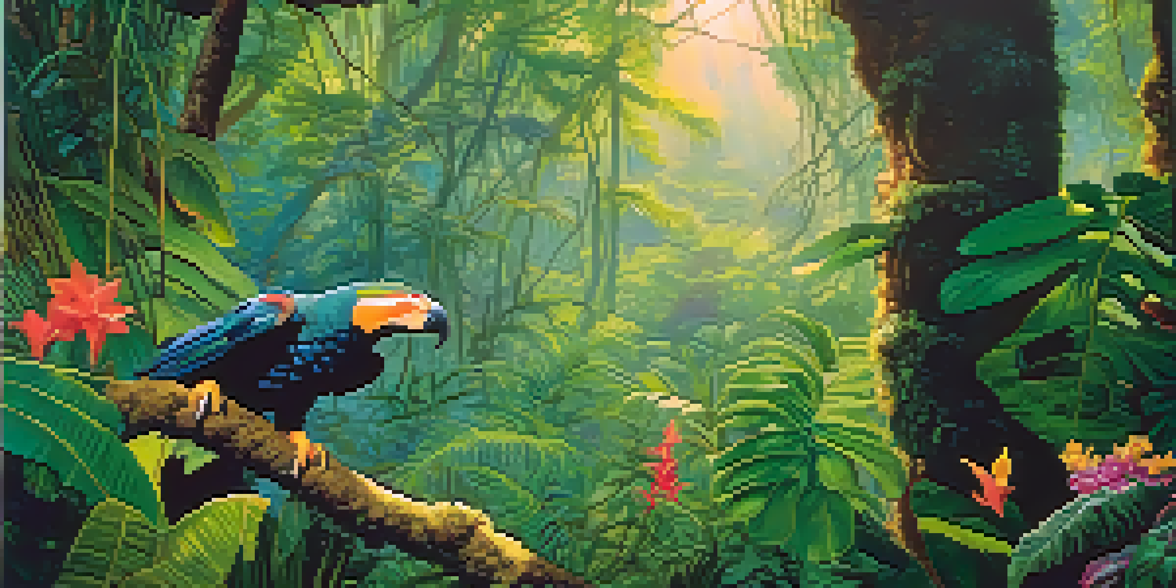 A biologist in the Amazon rainforest watching a colorful endangered bird, with lush greenery and flowers around, illuminated by soft sunlight.