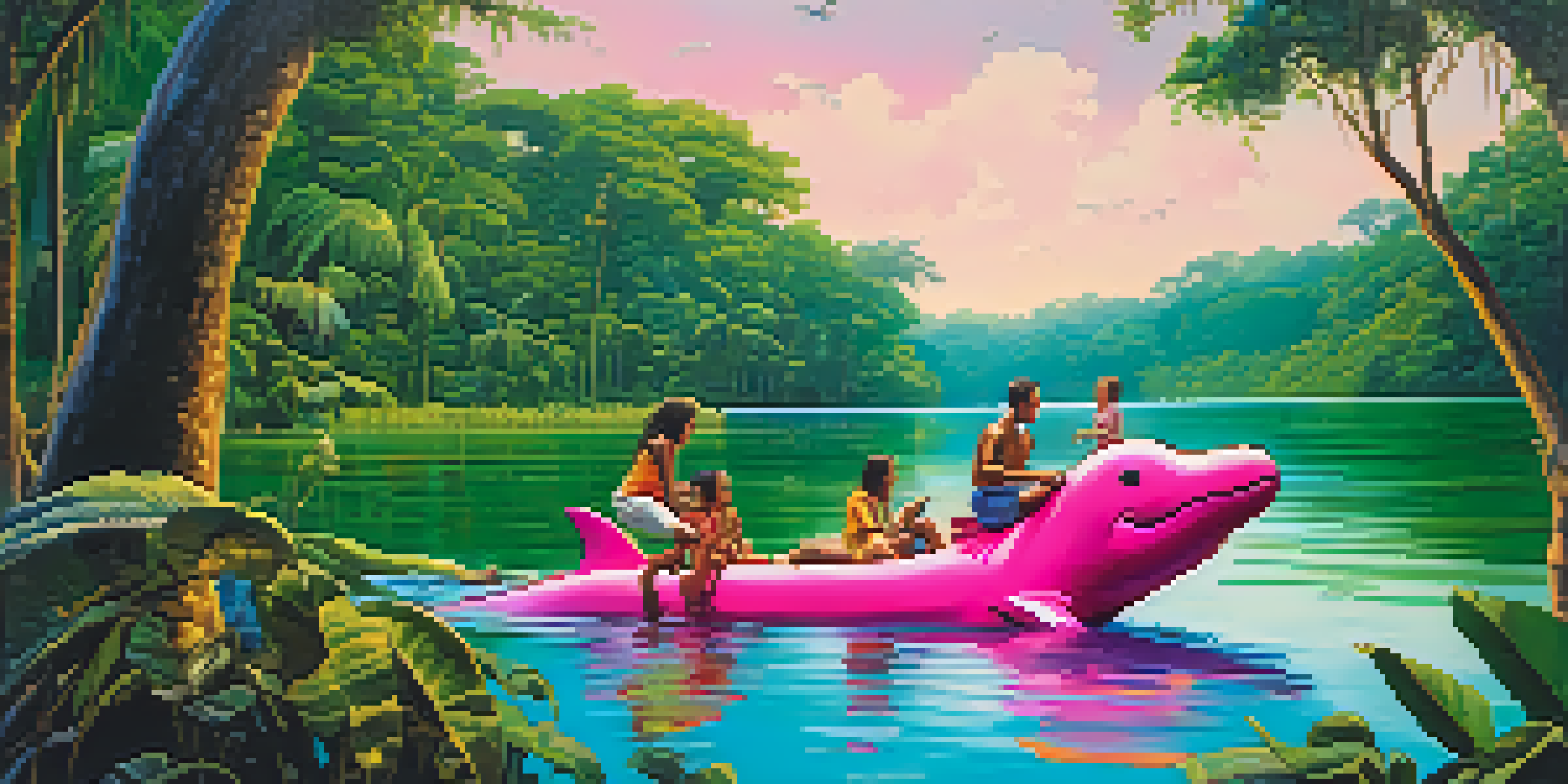 A family of four on an Amazon river cruise, with lush green rainforests and pink dolphins leaping from the water.