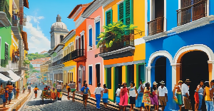 A lively street in Salvador, Brazil, filled with colorful buildings and artisans at work, with people enjoying the vibrant culture.