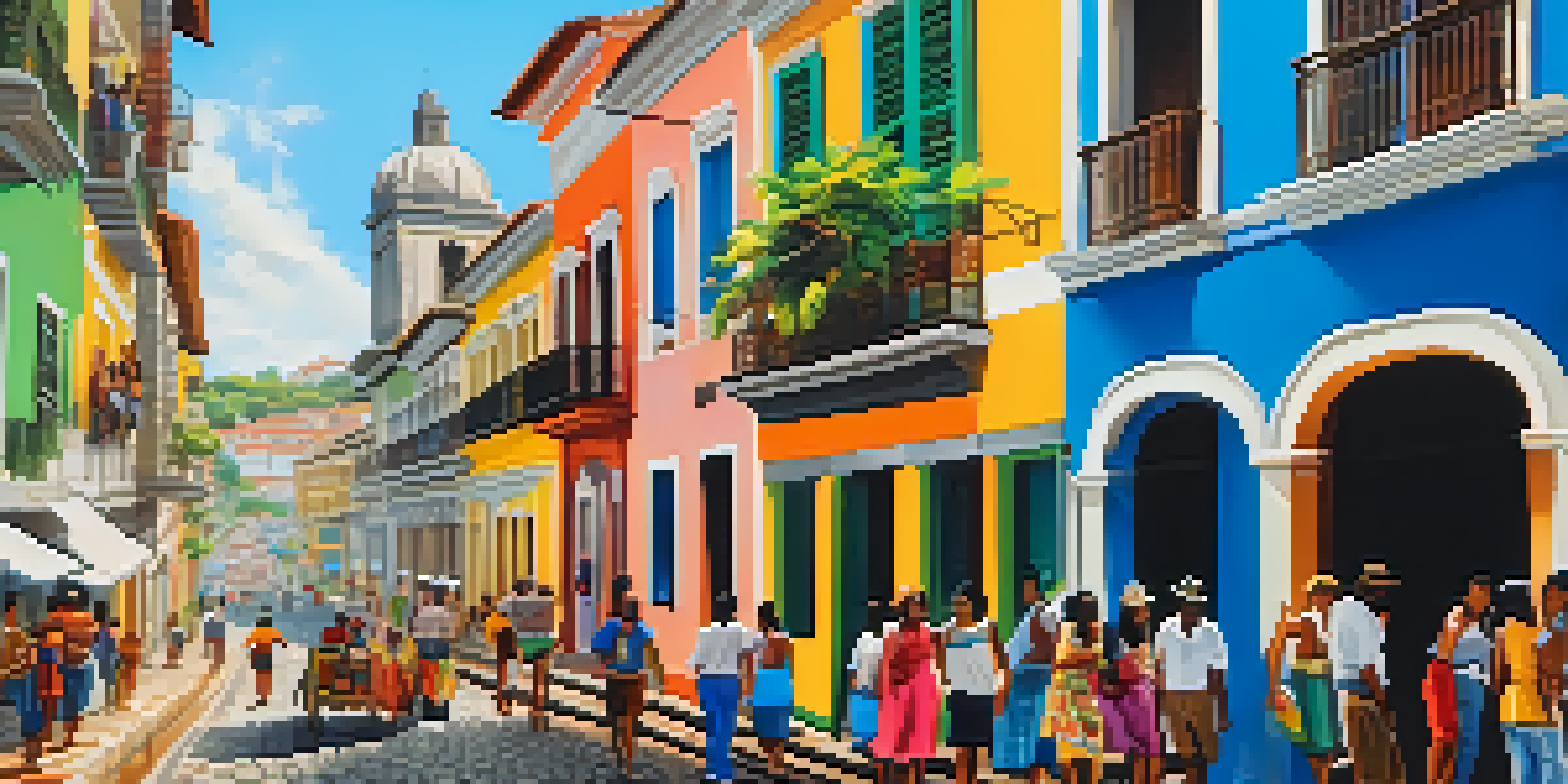 A lively street in Salvador, Brazil, filled with colorful buildings and artisans at work, with people enjoying the vibrant culture.