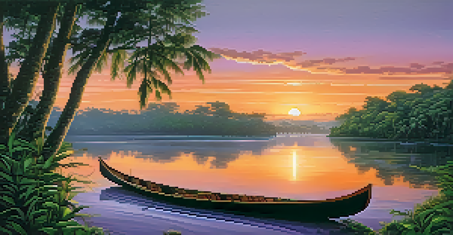 A picturesque sunset over the Amazon River with a canoe and lush vegetation along the banks.