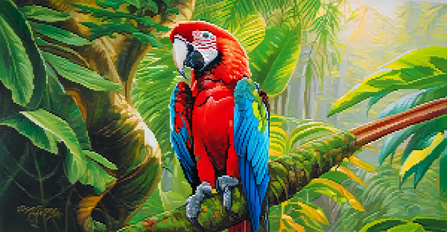 Close-up of a colorful macaw perched on a branch in the Amazon rainforest.