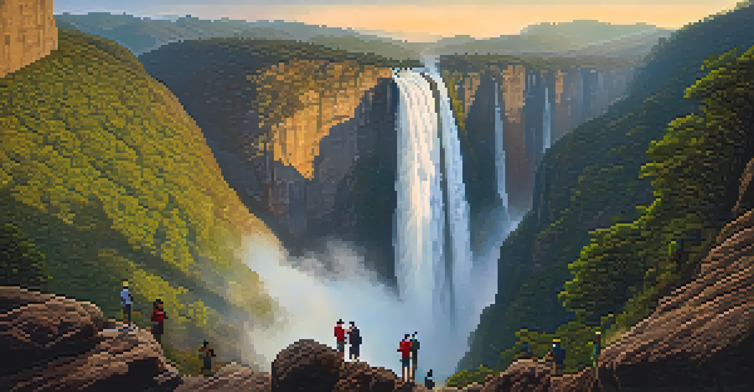 Cachoeira da Fumaça waterfall cascading from a high cliff, surrounded by rugged mountains and hikers admiring the view during sunset.