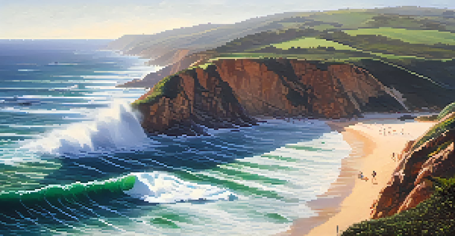 An aerial view of Praia do Guincho with surfers riding waves, dramatic cliffs, and lush greenery in the background.