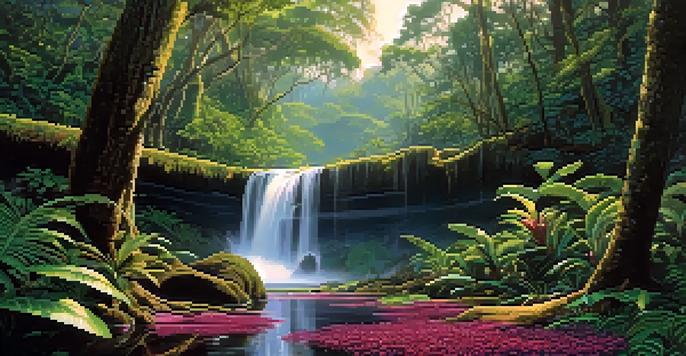 A colorful depiction of the Atlantic Forest with Brazilwood trees, lush greenery, orchids, and a waterfall in the background, illuminated by sunlight.