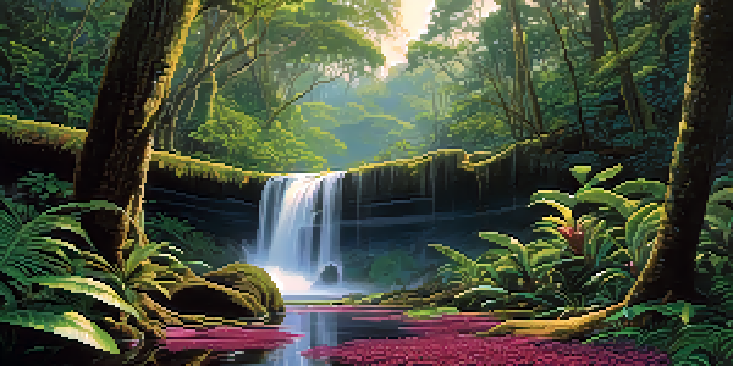 A colorful depiction of the Atlantic Forest with Brazilwood trees, lush greenery, orchids, and a waterfall in the background, illuminated by sunlight.