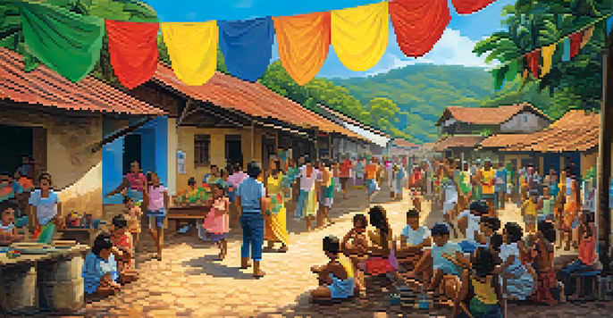 A lively community event in a Brazilian village with diverse residents, colorful decorations, and children playing, surrounded by greenery and traditional buildings.
