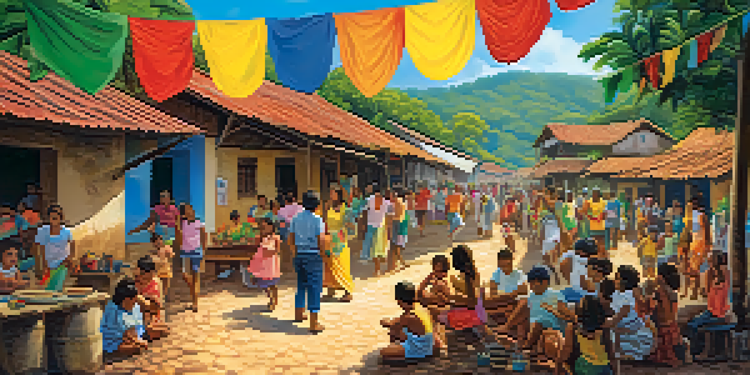 A lively community event in a Brazilian village with diverse residents, colorful decorations, and children playing, surrounded by greenery and traditional buildings.