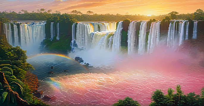 A photographer capturing the stunning Iguazu Falls at sunset, with colorful light reflecting off the water and a rainbow in the mist.