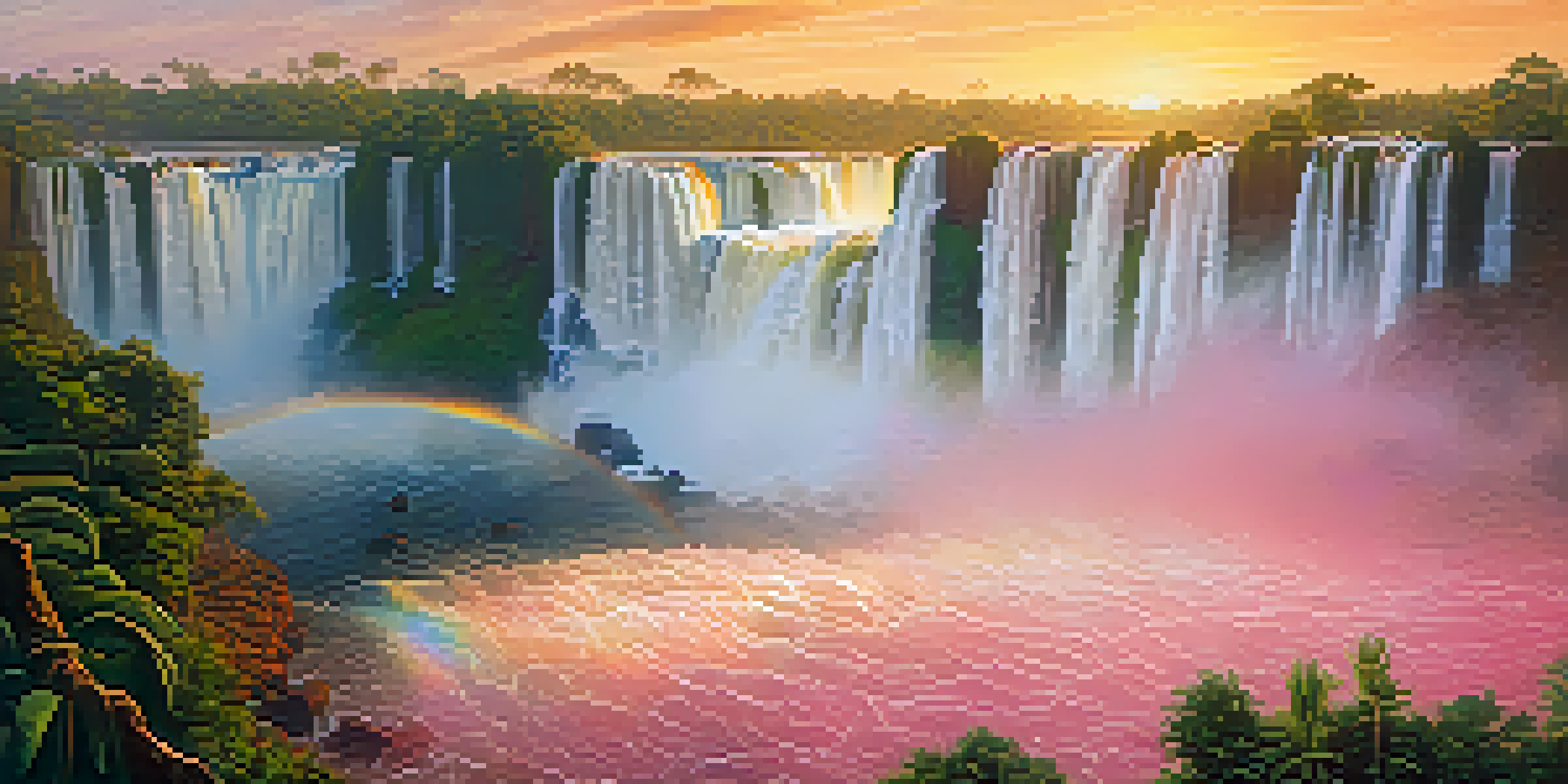 A photographer capturing the stunning Iguazu Falls at sunset, with colorful light reflecting off the water and a rainbow in the mist.
