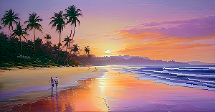 A couple walking on a beach in Brazil during sunset with palm trees and colorful sky.
