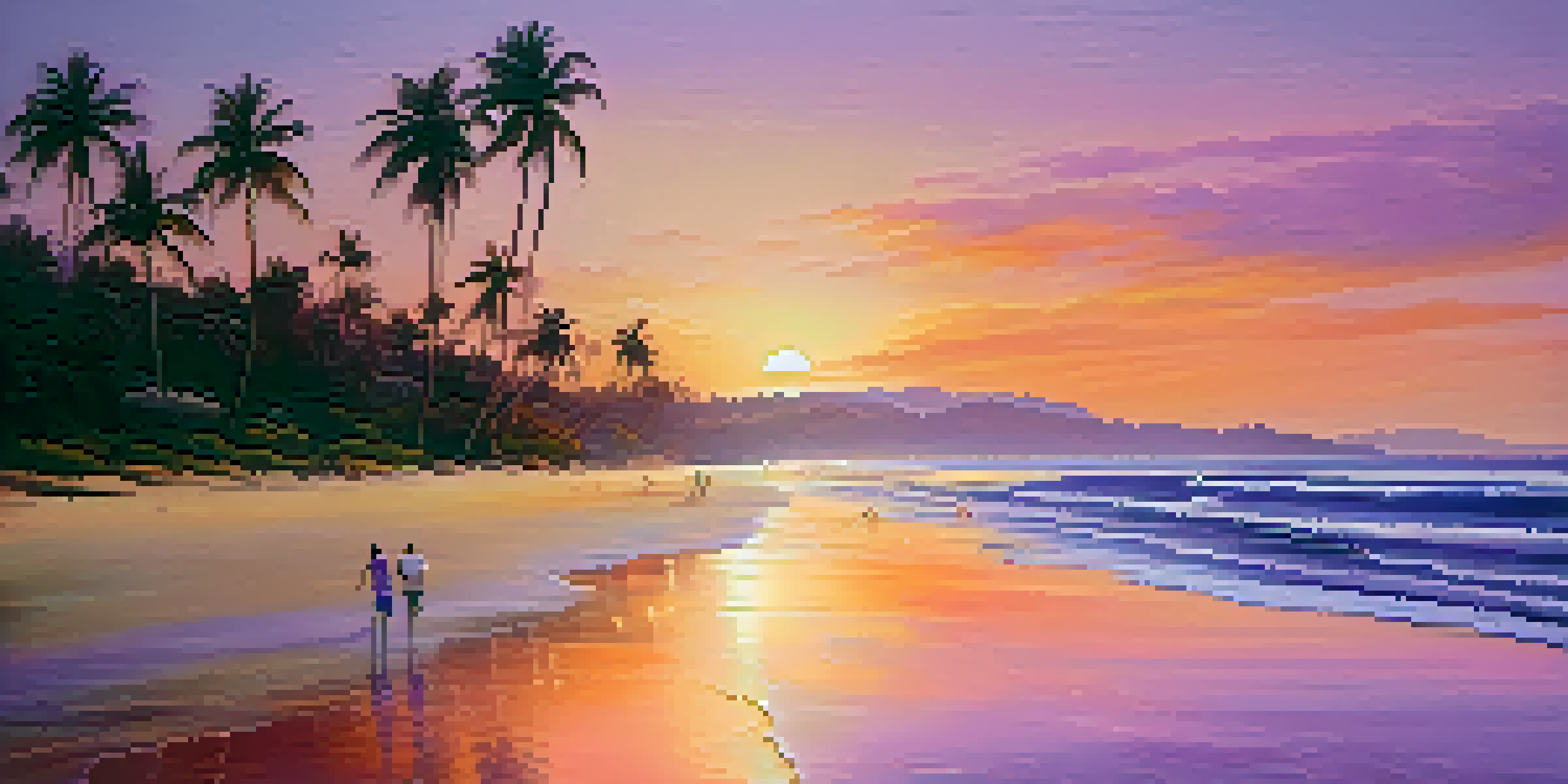 A couple walking on a beach in Brazil during sunset with palm trees and colorful sky.