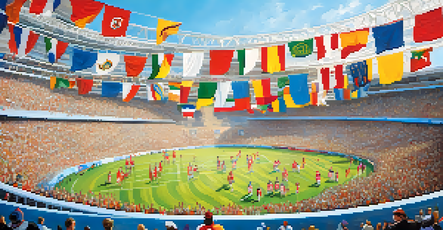 A lively outdoor sports event with fans in colorful jerseys, waving flags and cheering in a stadium under a clear blue sky.