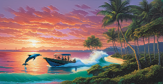 A picturesque sunset over the ocean with a small boat and dolphins leaping in the foreground, surrounded by a colorful sky and mangroves in the background.