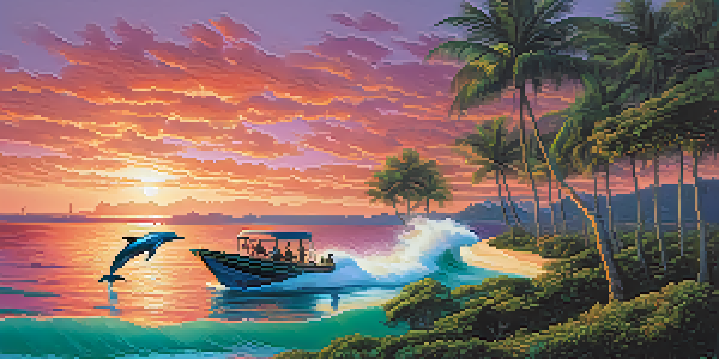 A picturesque sunset over the ocean with a small boat and dolphins leaping in the foreground, surrounded by a colorful sky and mangroves in the background.