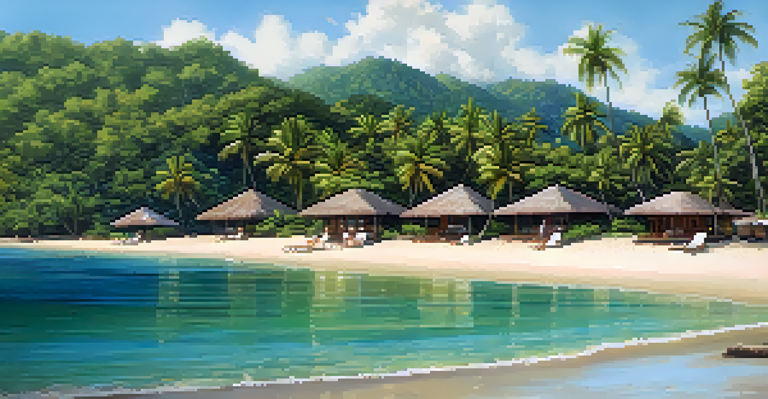 A beautiful beach with white sand and clear water, featuring eco-friendly cabanas and guests snorkeling.