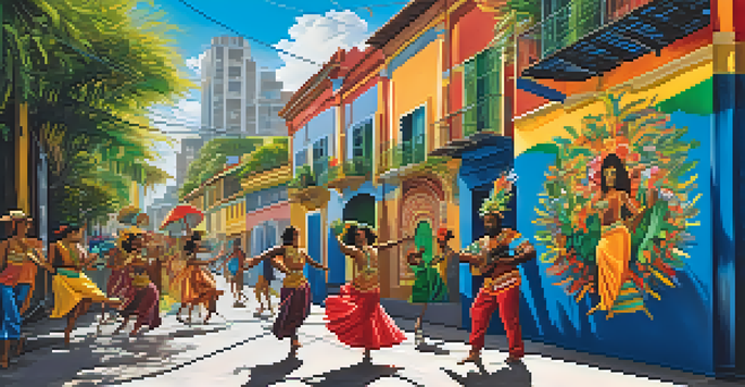 A colorful mural illustrating Brazilian culture, with dancers, musicians, and a lush scenery under a bright blue sky.