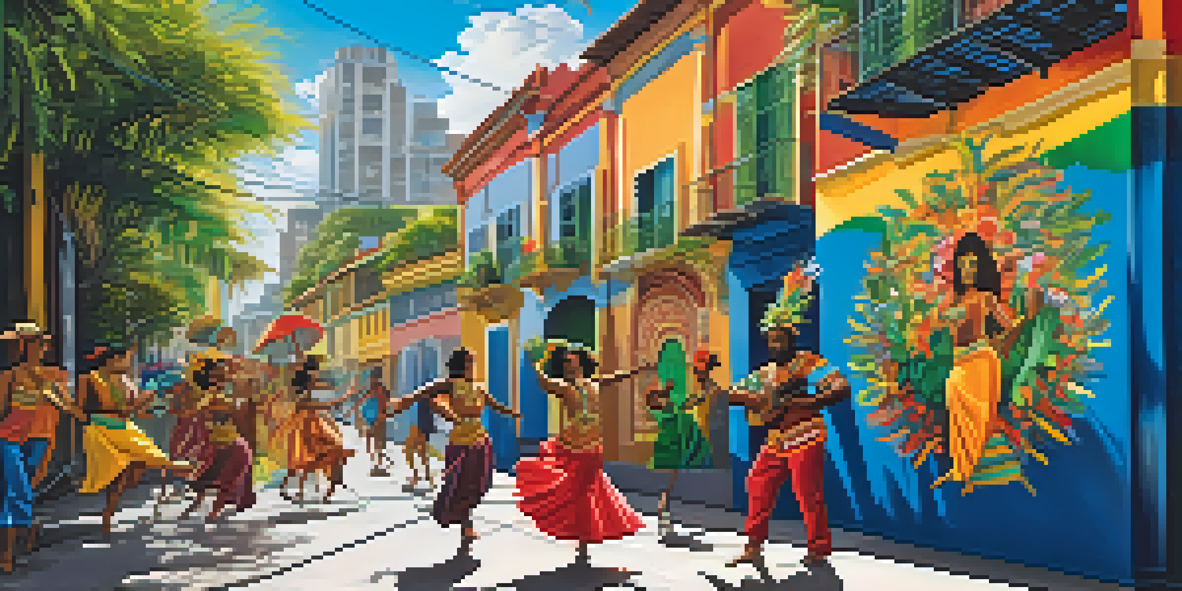 A colorful mural illustrating Brazilian culture, with dancers, musicians, and a lush scenery under a bright blue sky.