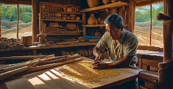 A Brazilian artisan carving wood in a workshop, surrounded by tools and colorful wood shavings.