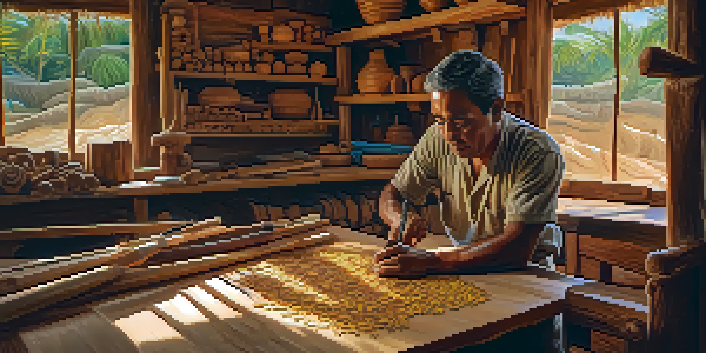 A Brazilian artisan carving wood in a workshop, surrounded by tools and colorful wood shavings.