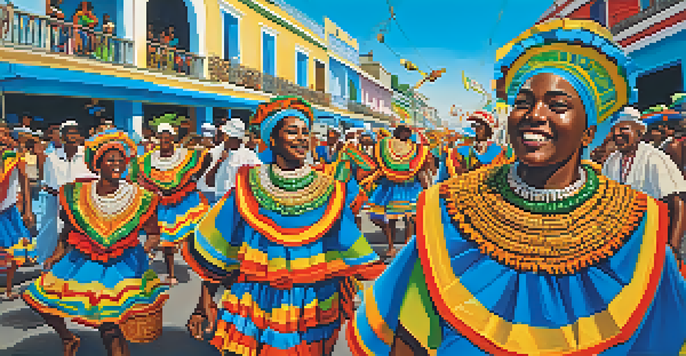 A vibrant procession at the Bahia Lavagem Festival with people in traditional attire celebrating with acarajé baskets, under a clear blue sky.