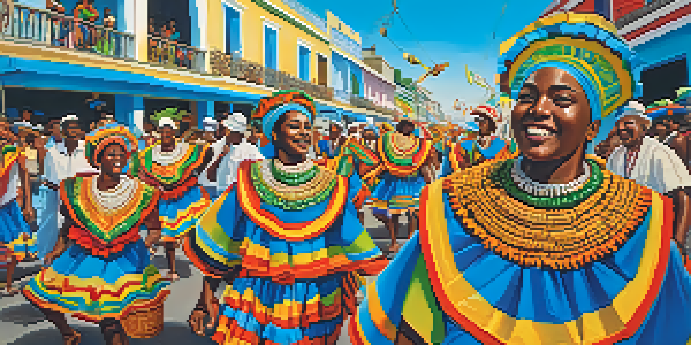 A vibrant procession at the Bahia Lavagem Festival with people in traditional attire celebrating with acarajé baskets, under a clear blue sky.