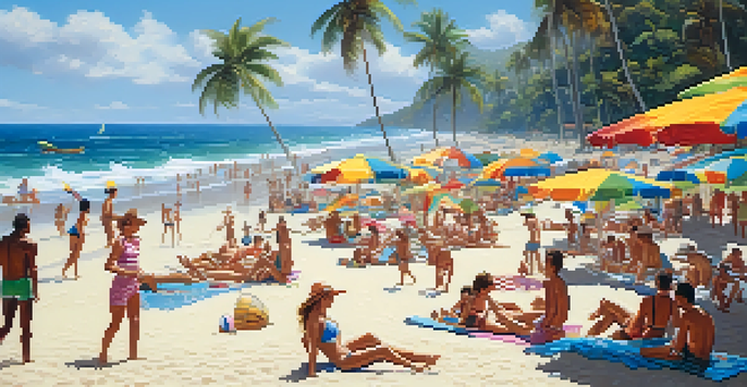 A lively beach scene in Brazil with travelers enjoying the sun, palm trees, and colorful umbrellas.
