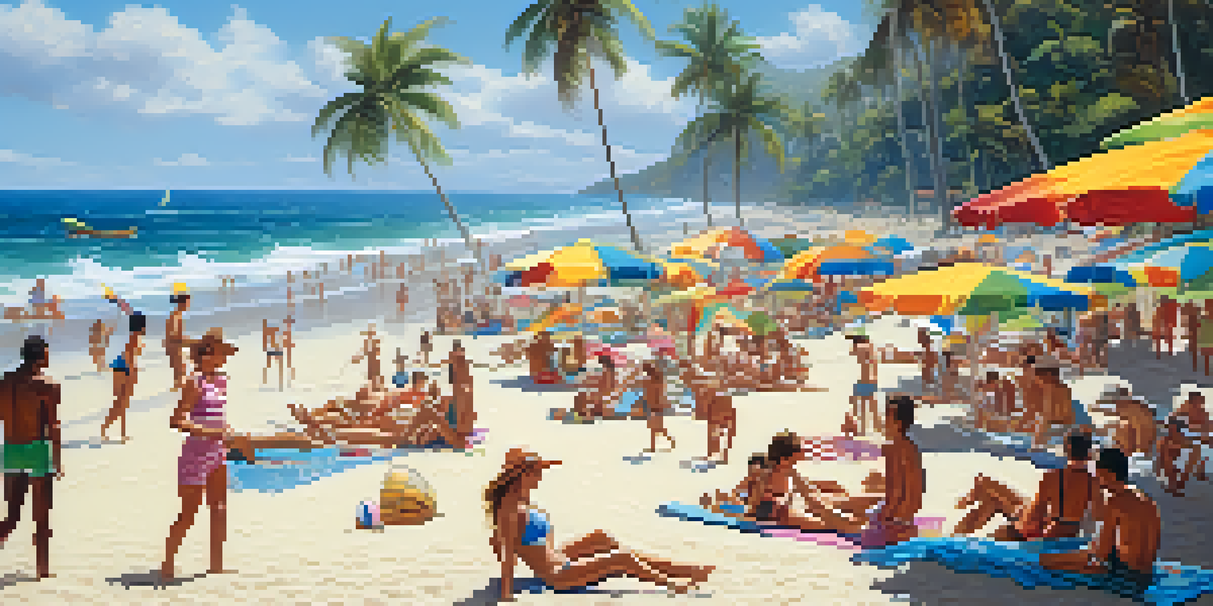 A lively beach scene in Brazil with travelers enjoying the sun, palm trees, and colorful umbrellas.
