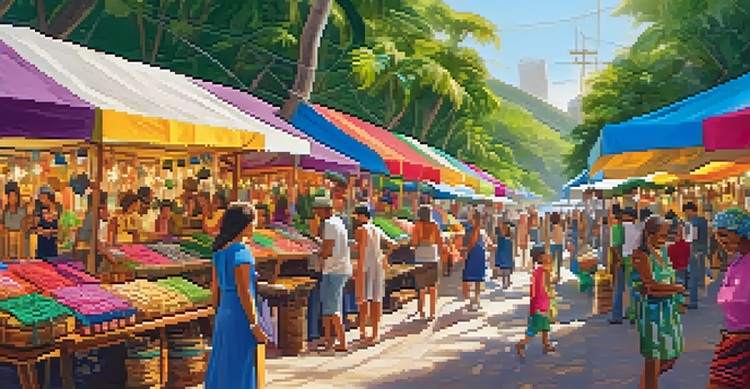 A lively artisan market in Brazil with colorful handcrafted fashion items and local artisans interacting with customers.