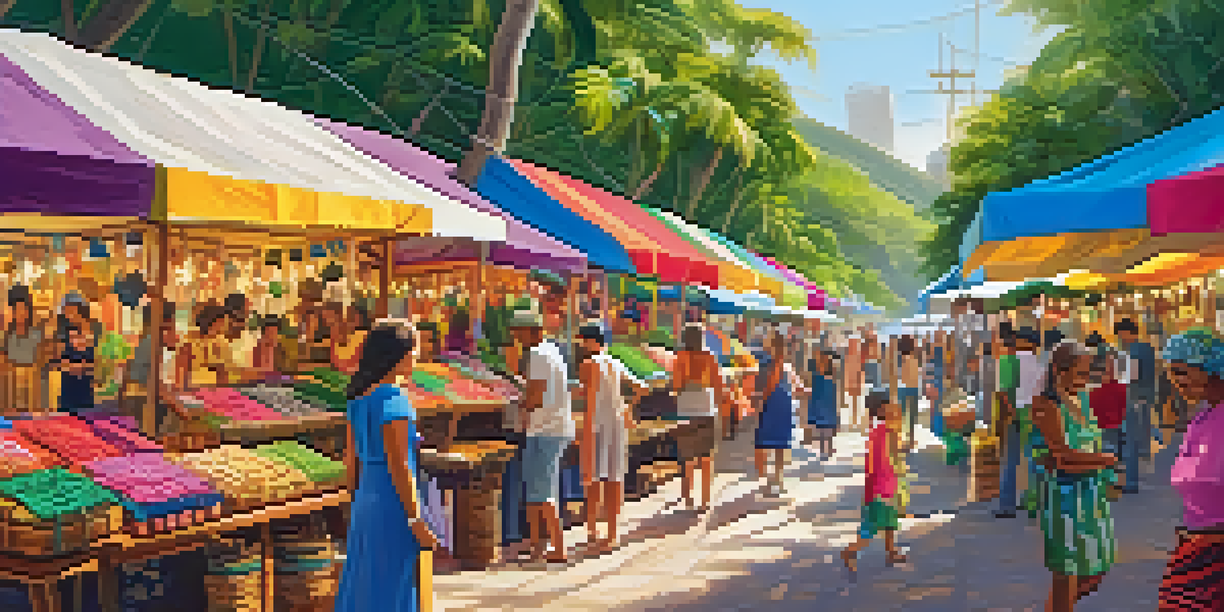 A lively artisan market in Brazil with colorful handcrafted fashion items and local artisans interacting with customers.