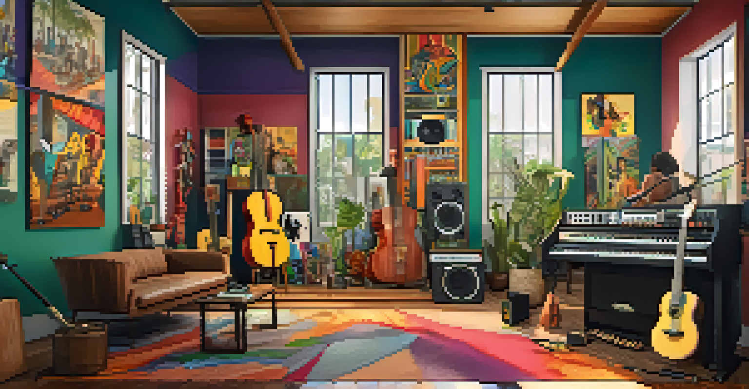 A music studio in Brazil showcasing artists collaborating, with colorful instruments and vibrant decor reflecting the fusion of modern and traditional music.
