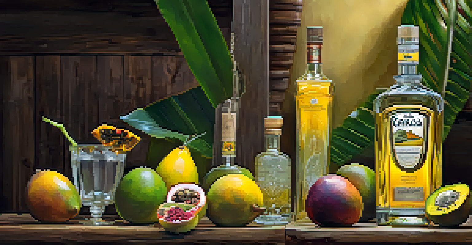 An elegant display of cachaça bottles with tropical fruits on a rustic wooden table, showcasing the beauty of Brazilian spirits.
