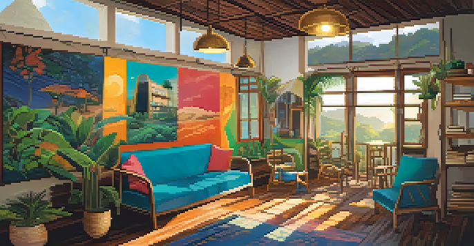 A colorful and artistic hostel interior in Brazil with travelers interacting in a cozy communal space, illuminated by sunlight.